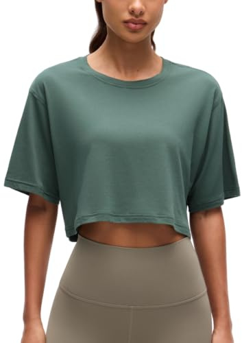 CRZ YOGA Pima Cotton High Neck Crop T-Shirt | Workout, Natürlich Weich, Loose Fit, Sportshirt Kurzarm für Damen