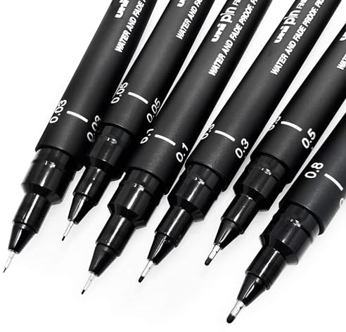 Uni Pin Fineliner Zeichenstift – Skizzierset - schwarze Tinte – 0,03 bis 0,8 mm – 6 Stück