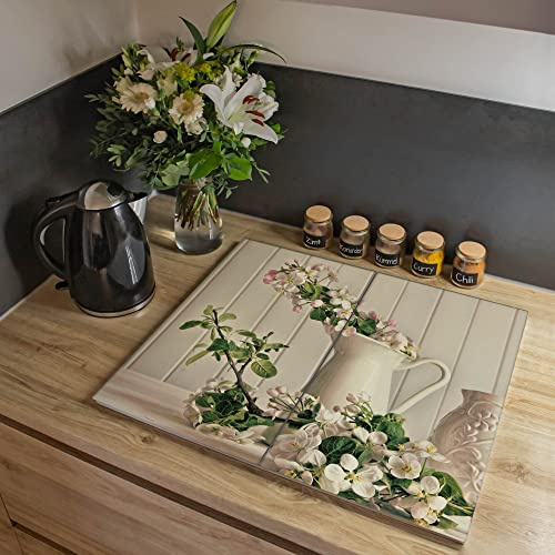 banjado Herdabdeckplatte Glas 2-teilig 60x52cm - Schneidebrett Herdabdeckung - Herdabdeckplatten Ceranfeld 2-teilig - Schneidebrett Glas - Motiv Stillleben Kirschblüten