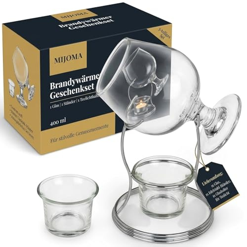 MIJOMA Brandy Warmer Geschenkset – Cognac Wärmer mit 400ml Glas-Schwenker, Edelstahl-Ständer und Teelichthalter aus Glas, Aromavoll für Genießer
