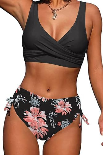 Yutdeng Bikini Damen Set Push Up Bikini Damen Bauchweg Sexy Zweiteiliger Badeanzug ohne Bügel Wickeloptik Bademode V Ausschnitt Badeanzüge Crossover Swimsuit Hoher Taille Strand Bikini Sets Chic Mode