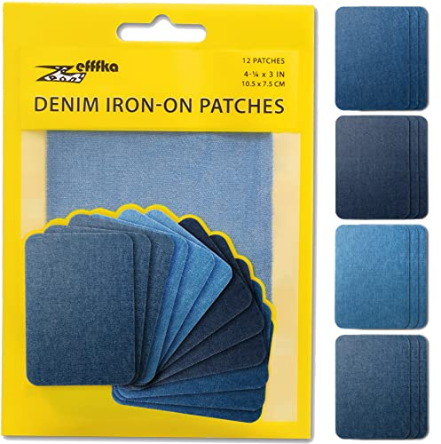 ZEFFFKA Jean-Flicken zum Aufbügeln für Innen und Außen Stärkster Kleber 100% Baumwolle Verschiedene Blautöne Reparatur-Dekorationsset 12 Stück Größe 3" x 4-1/4" (7,5 cm x 10,5 cm)
