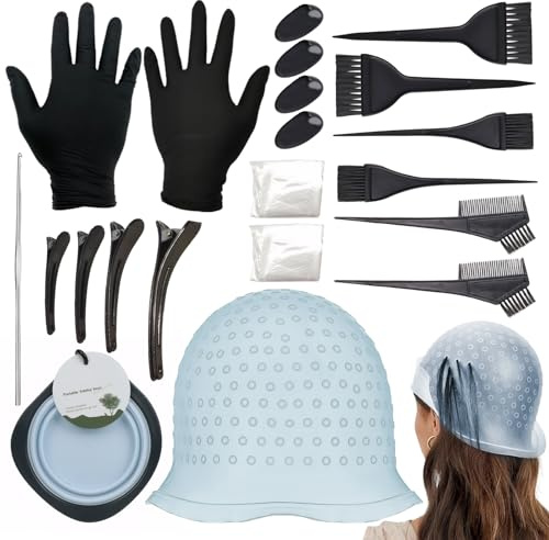 24 Teile Haarfärbepinsel Set Strähnchenhaube Haarfärbeset Strähnenhaube Haarfärbe Set Strähnchen Se-t Pinsel Haare Färben Zubehör mit Bürstenkamm, Haartönungsschale,Ohrabdeckung,Handschuhe,Haarspangen