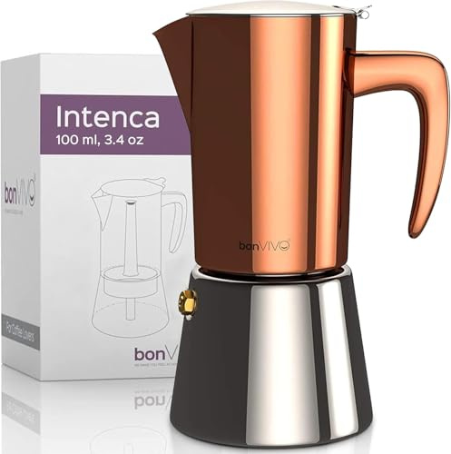bonVIVO Espressokocher Induktion Edelstahl Kupfer - 2 Tassen 100 ml | Espresso Kocher für Gas Ceran Induktion – Kaffeekocher klein – Intenca