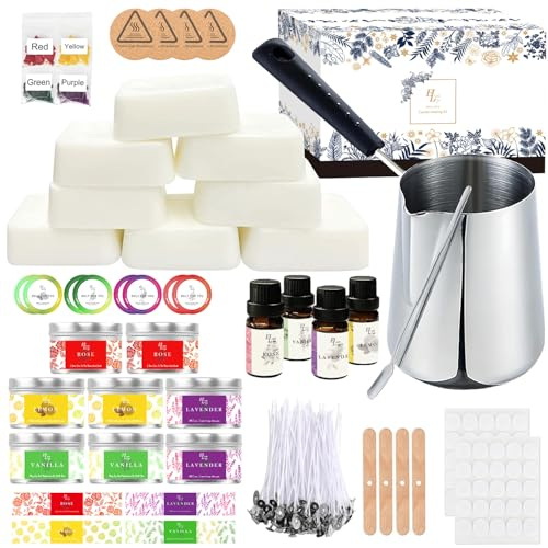 ETUOLIFE Kerzen Selber Machen Set,DIY Kerzenherstellung Kit,Duftkerze Geschenke Set mit 480g Sojawachs,Kerzen Schmelztopf,8 Kerzendosen,4 Duftöl,4 Farbblöcken,50 Candle Wicks Aufklebern,16 Stickers