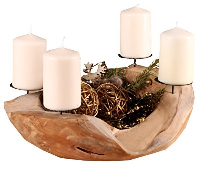 Ambientehome Adventskranz Adventsschale Teak rund circa 20 - 25 cm Wurzelschale Wurzelholz Holzschale Teakschale Dekoschale, Braun