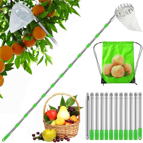 HEYIDAMAI Obstpflücker,Apfelpflücker,Pflückhilfe 453CM,Obstgreifer Einfach zu Montieren,Kirschenpflücker mit Leichter Edelstahl Verlängerung Verbindungsstange und Baumwollbeutel Ø16 cm