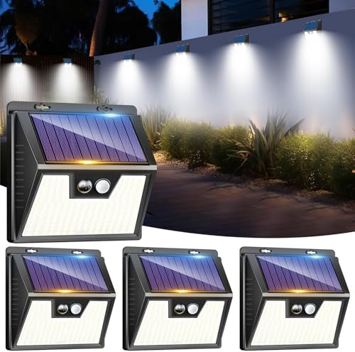 LOTMOS 4 Stück Solarlampen für Außen mit Bewegungsmelder, 176 Superhelle LED Solarleuchten für Aussen IP65 Wasserdichte, 3 Modi Solar Lampe Outdoor für Garten Garage Hof Draußen, Kaltes Weiß