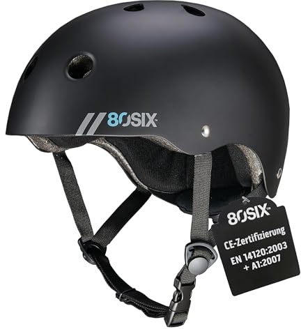80SIX Hybrid Skaterhelm Fahrradhelm für Kinder, Herren & Damen, Skateboarding Helm mit verstellbarem EPS-Schutz für Fahrrad, Scooter, Longboard, Motocross & BMX Multi-Sport, Schwarz Matt S/M