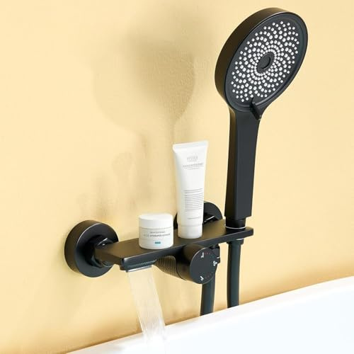 Auralum Badewannenarmatur mit Duschbrause, Duscharmatur Komplettset mit Ablage, Wasserfall Duscharmaturen, Edelstahl Schlauch und Wand Halterung, Messing Mischbatterie mit Handbrause für Bad, schwarz