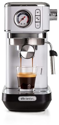 Ariete Espresso Slim Metal 1381, Kaffeemaschine mit Manometer, Kompatibel mit Kaffeepulver und ESE-Pads, 15 Bar Maximum, 1 oder 2 Tassen-Filter, Cappuccino-Düse, 1300W, Weiß