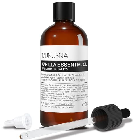 Ätherisches Öl Vanille 100ML, MUNUSNA Vanilleöl Ätherische Öle Naturrein Rein für Diffuser, Duftlampe, Luftbefeuchter, Duftöl Vanille für DIY Aroma Seife, Kerzen, Massage, Vanilla Oil