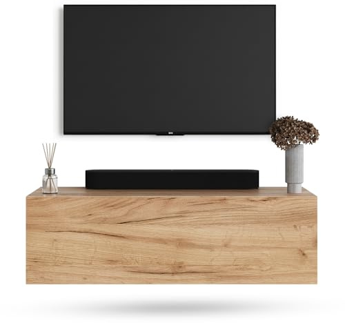Planetmöbel West TV-Schrank, Fernsehtisch 100 cm lang, TV-Board hängend oder stehend, Fernsehschrank für Wohnzimmer, TV Möbel 37,8 x 100 x 30 cm, Gold Eiche