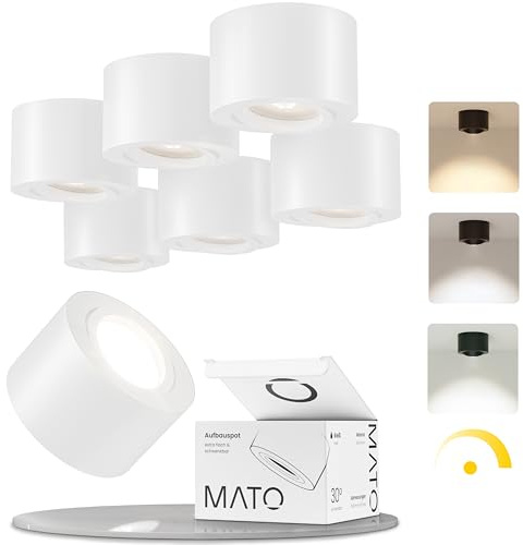MATO 6x Aufbauspot weiß - extra flach & schwenkbar - Ø80x50mm - Aufputz Spots Decke inkl. 5W LED Modul 230V 3000K/4000K/6500K - Deckenspots, Aufbaustrahler, Aufputz Deckenstrahler