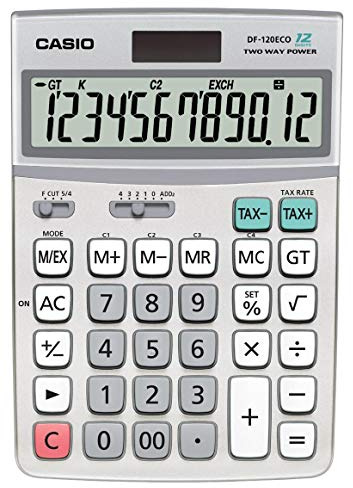 CASIO DF-120ECO Eco-Rechner, nachhaltig, 12-stellig, Steuerberechnung | Gehäuse aus recyceltem Kunststoff, 12-stelliges extra großes Display, Währungsumrechnung, Steuerberechnung, Solar/Batterie