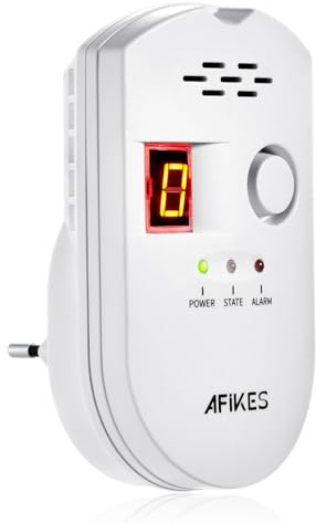 AFiKES - Gasmelder, Flüssiggas/Erdgas/Stadtgas Alarm, mit akustischem Alarm und LED-Digitalanzeige, Methan und Propan Butan Monitor (Weiß)
