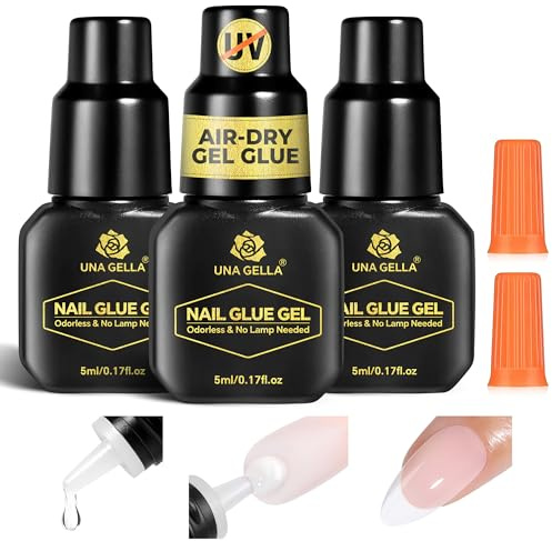 UNA GELLA Nagelkleber für Press On Nails: 10 Sekunden schnelltrocknend, keine UV-Lampe erforderlich, Gel-Kleber 3 × 5 ml, superstark für Kunstnägel, Nail Tips & Acrylnägel – langanhaltender Halt