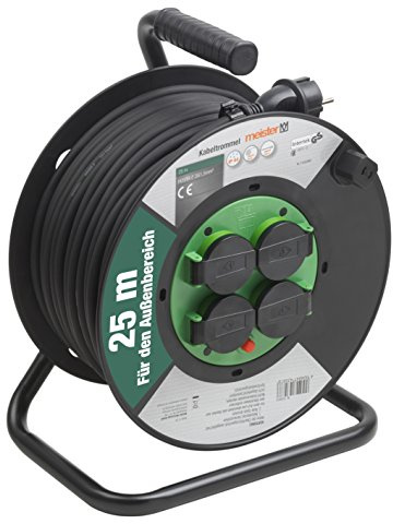 Meister Kabeltrommel H05RR-F3G1,5, IP44 - 25 m Kabel - Thermoschutz-Schalter - Outdoor / Kabelrolle mit 4 Schuko-Steckdosen / Kabelbox mit Verlängerungskabel / Leitungsroller mit Kurbel / 7435860