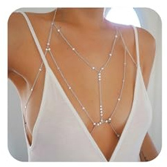 XFSRG BH Körperkette Damen Sexy Geschichtet Funkelnde Körper Halskette Strand Bikini Verstellbarer Body Chain für Nachtclub Rave Festival(Silber)