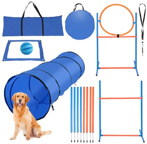Vkechh Agility Set Hunde, Mehrteiliges Set Agility-Ausrüstung für Hunde, Springring, Slalomstangen & Hundetunnel, inklusive Tragetaschen, Pfeife und blauem Ball für Training und Spiele