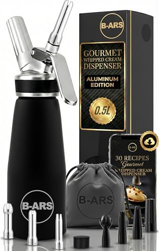 B-ARS Sahnespender 500ml Aluminium Schwarz, Sahnesyphon für Schaum | Kunststoff- und Stahltüllen, Bürste, Zubehörtasche, süße und herzhafte Schäume, Mousse, Sahne