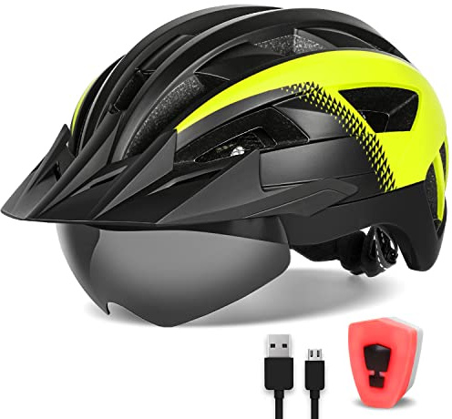 FUNWICT Fahrradhelm mit Visier für Herren Damen, Leichte Fahrradhelm mit Magnetischem Brille und USB-Aufladung LED Licht, Stylisch Mountainbike Helm Größe M/L/XL