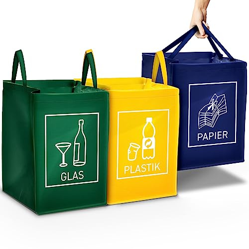 3er Set Mülltrennsystem Abfalltrenner für Papier, Plastik und Glas mit praktischem Transportgriff