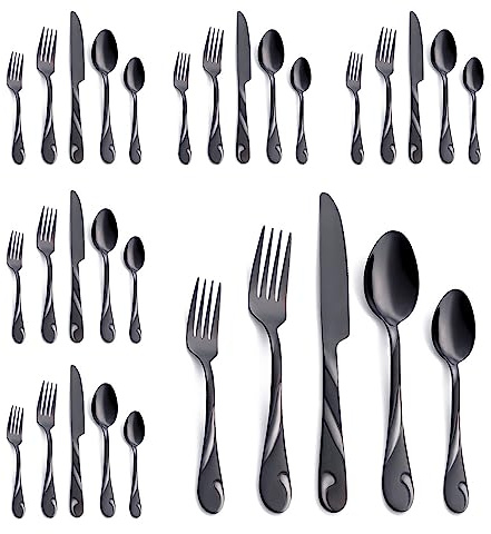 Seeshine schwarzes Besteckset für 6 Personen, 30-teiliges Besteckset aus rostfreiem Stahl, schwarz glänzendes Metallbesteck, inklusive Gabel, Messer und Löffel, spülmaschinenfest