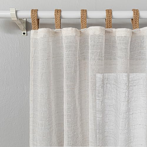 MYSKY HOME Vorhang Leinenoptik Gardinen mit Schlaufen Gardine Boho Kurz | Beige,2er Set,H160 x B140 cm,Leinen Gardinen Halbtransparent,Vorhänge Beige für Wohnzimmer,Vintage Gardinen Landhausstil