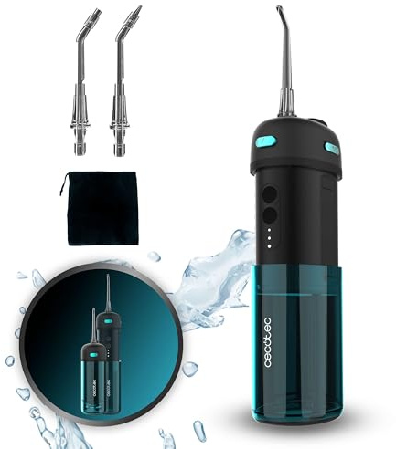 Cecotec Tragbarer Zahnreiniger Toothcare Jet Splash. Kompakter und leichter Reise-Irrigator mit 3 Modi und bis zu 8 Intensitäten, 150 ml Fassungsvermögen und 2 austauschbaren Düsen, IPX7, wasserdicht.