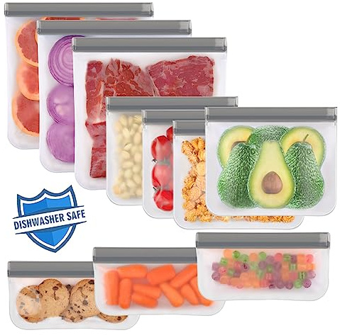 Lerine 10 Gefrierbeutel Wiederverwendbar, Auslaufsicher, Spülmaschinenfest | Wiederverschließbare Beutel für Lebensmittelbeutel, BPA Frei, Extra Dick, für Doppelter Verschluss, Gemüse, Snacks, Fleisch