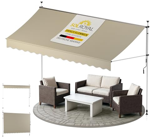 Sol Royal Klemmmarkise ohne Bohren mit Handkurbel Balkon Terrassen Klemmen | 4m breit Beige Standmarkise UV-Beständig Balkonmarkise zum Witterungsbeständig Klemm-Markise Sonnenschutz BM3