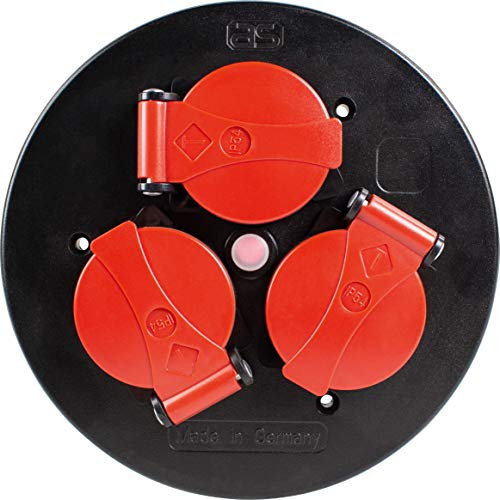 as - Schwabe 3-fach Steckdoseneinsatz für Kabeltrommel, mit Schutzdeckel rot, Schutzkontaktsteckdosen, Außen IP44, Thermoschutzschalter, 230 V 16 A
