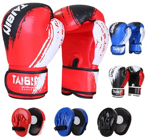 6 oz Kinder Boxhandschuhe und Box Pratzen Set für 3-10 Jahre,Kids Boxing Gloves,Box Handschuhe Kinder Set,2-in-1 Boxhandschuhe Jungen,Punchinghandschuhe für Jungen und Mädchen (Schwarz)