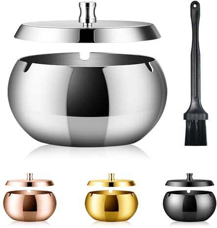 Geoyien Edelstahl-Aschenbecher mit Deckel, Silber | Windsicher, geruchsdicht, spülbar, für Wohnzimmer, Gärten, Büros