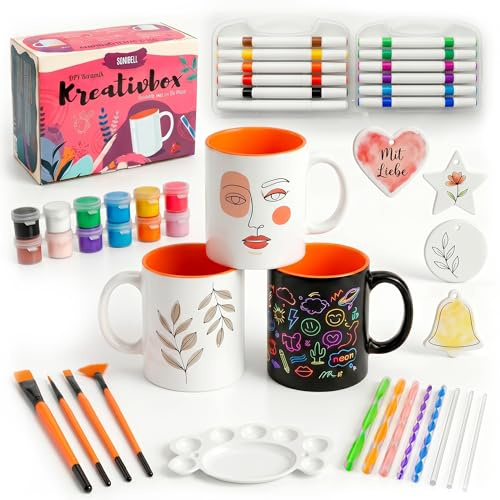 Sonibell Keramik Bemalen Set 3 Tassen,Schwarze Effekt-Tasse,Acrylfarben,Porzellanstifte & Mandala Tools–DIY Kreativset