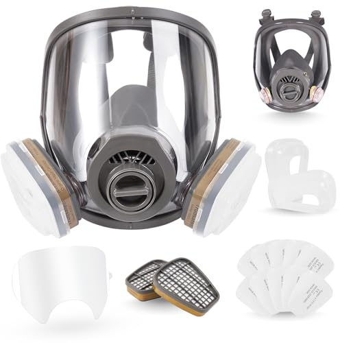 Vollgesichtsmaske Atemschutzmaske mit Filter und 10 Stück Objektivschutz, Atemschutzmaske Gase Dämpfe, Vollmaske Staubmaske, Lackiermaske zum Farbsprühen, Gasmaske für Organischer Dampf und Staub