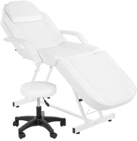 LEADZM Massageliege Klappbar Kosmetikliege 3 Zonen mit Rollhocker Weiß | Höhenverstellbar Massagetisch Massagebett mit Rollhocker Drehhocker, Friseurstuhl für Friseur Spa Schönheitssalon Ausrüstung