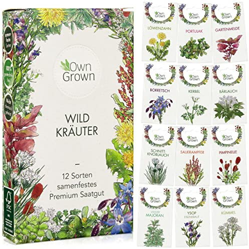 Wildkräuter Samen Set: 12 Sorten Wildkräuter Saatgut für Balkon u. Garten – Bärlauch Samen, Portulak Samen, Schnittknoblauch Samen, Sauerampfer Samen, Löwenzahn Samen – Kräuter Samen, OwnGrown Kräuter