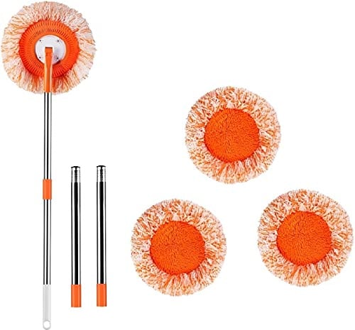 360 Grad drehbares Wischmopp-Set mit 4 abnehmbaren Stangen und 4 austauschbaren Moppköpfen, verstellbare runde Mikrofaser-Staubmopps, Fensterreinigungsset für Bodenwand