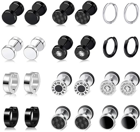 BVLAGIDA 12 Paar Edelstahl Ohrringe Herren, Allergiefreie Creolen Ohrstecker Fake Plugs Schwarz/Silber für Damen Herren