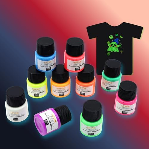 Artme Textilfarbe, die im Dunkeln leuchtet, 20 ml x 10 Stück – Farbset für Textilien für T-Shirts, Canvas-Taschen und Schuhe, Baumwolle, Jeans und mehr – permanente und leuchtende Farben für
