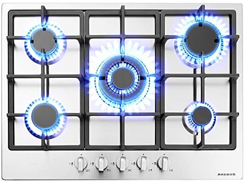 Arebos Gaskochfeld 5 Flammig | Edelstahl Gasherd | Erd- oder Propangas | automatischem Flammenschutz | Gaskocher Autark | effizient und energiesparend