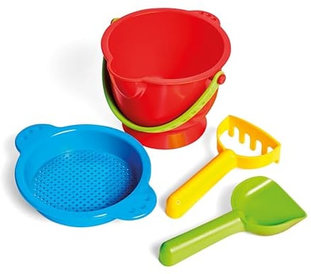 Hape Grundausstattung Strandspielzeug - Robustes Eimer- und Förmchen-Set für Strand und Sandkasten, Outdoor Sandspielzeug für Kleinkinder, Sandspielset für Kinder ab 18 Monaten