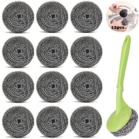 Scheuerschwamm Edelstahl 12 Stück Scheuerspirale Topfreiniger Stainless Steel Sponges Topfreiniger mit 1 Griff Stahlwolle Spüler für Löst Hartnäckige Flecken In der Küche