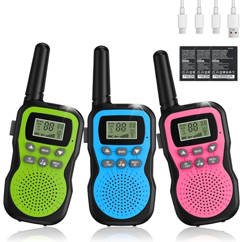 Walkie Talkie Kinder 3er Set, Apkezel Walky Talky mit 1000mAh Aufladbar Akku, Große Reichweite 3km Walki Talki Funkgeräte Set mit VOX Taschenlampe für Freien, Camping, Wandern