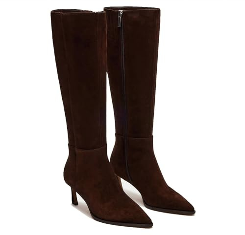 MICIFA Kniehohe Stiefel mit Kätzchenabsatz, seitlicher Reißverschluss, hohe Lederstiefel, spitzer Zehenbereich, Herbstkleid, Burgunderrot, Braun Wildleder, 37.5 EU