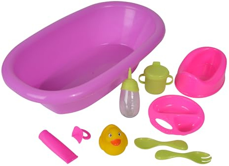 Simba 105562128 - New Born Baby Puppenbadewanne, 2-Fach Sortiert, Badewanne mit Töpfchen, Ente, Flasche, Schnuller und Zubehör, 10 Teile, 39cm, ab 1 Jahr