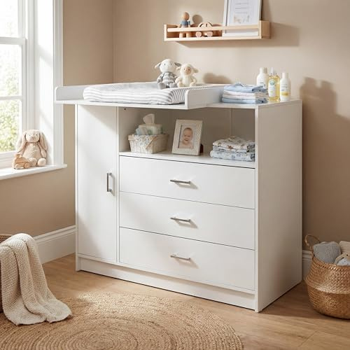 ecomi Wickelkommode Wickeltisch Baby Kommode aus Holz mit Wickelaufsatz, 3 Schubladen, 1 Tür, 100 cm Höhe in Weiß, Wickeltisch 113x100 cm Griffe verchromt