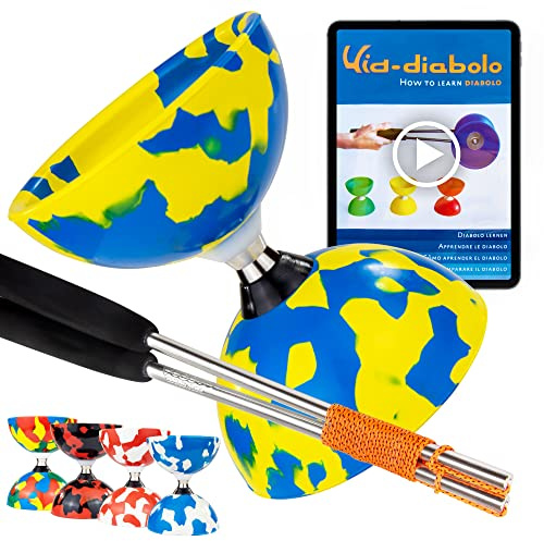 Juggle Dream Jester Diabolo Jonglierset – Kugellager Achse Profi-Diabolo mit Alu-Handstäbe und Online-Lernvideo – Jonglierspielzeug (Blau/Gelb)